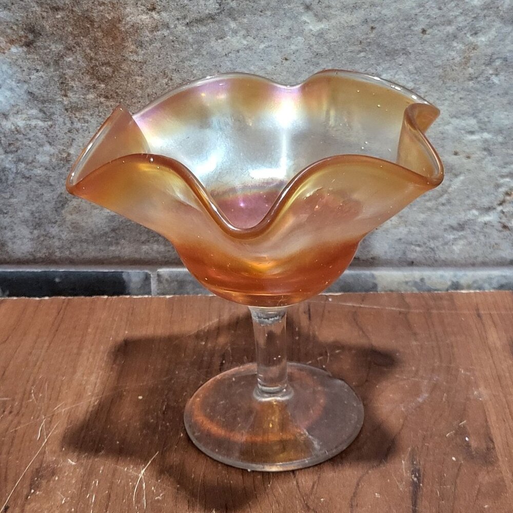 Vintage Marigold Carnival Glass Compote Dish Ruffled Rim Clear Stem